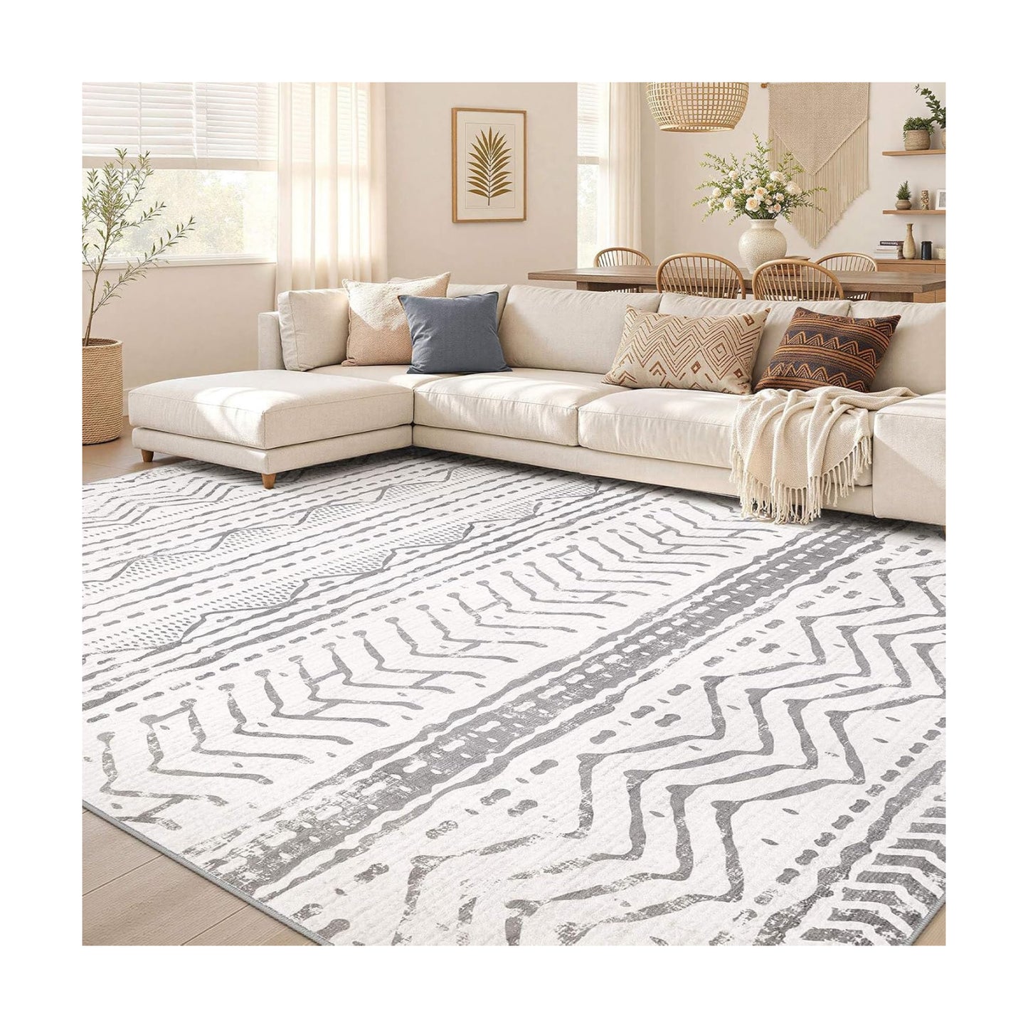 Nakagishi Area Rugs 9x12 Living Room: Washable Boho Large Neutral Modern Soft Farmhouse Rug Stain Resistant Indoor