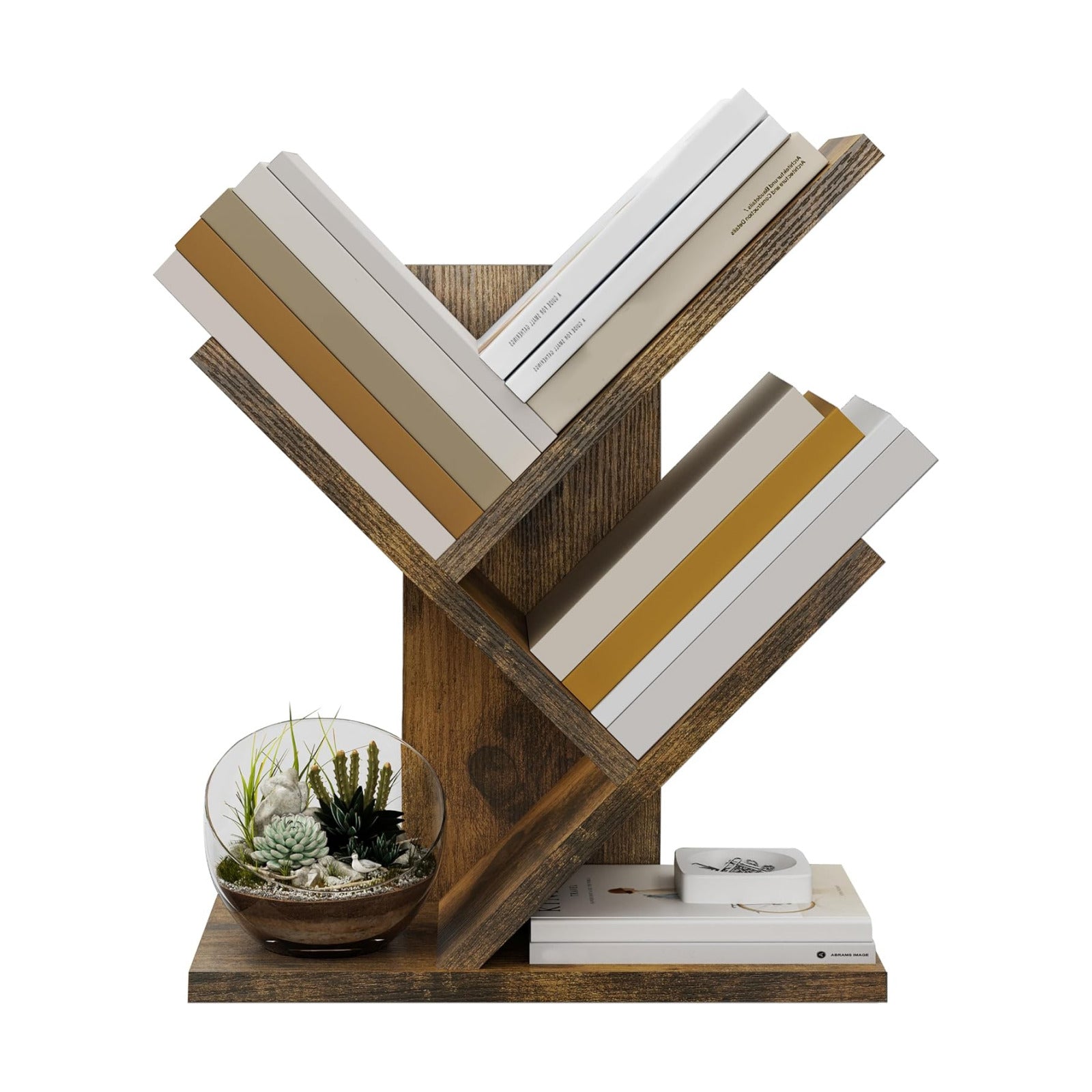 Tree Bookshelf 3-Tier Small Book Organizer, Rustic Brown | Mini Bookshelf, Small Bookcase, Modern Book Storage for