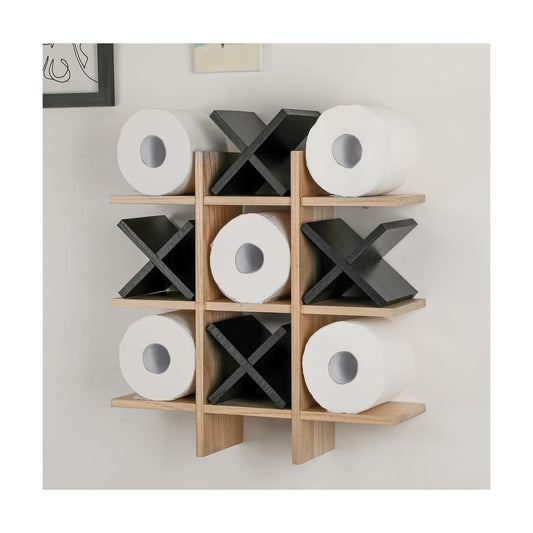 Weysat Tic Tac Toe Toilet Paper Holder,Wood Color, Black | Farmhouse Bathroom Decor, Freestanding or Wall Mount Storage