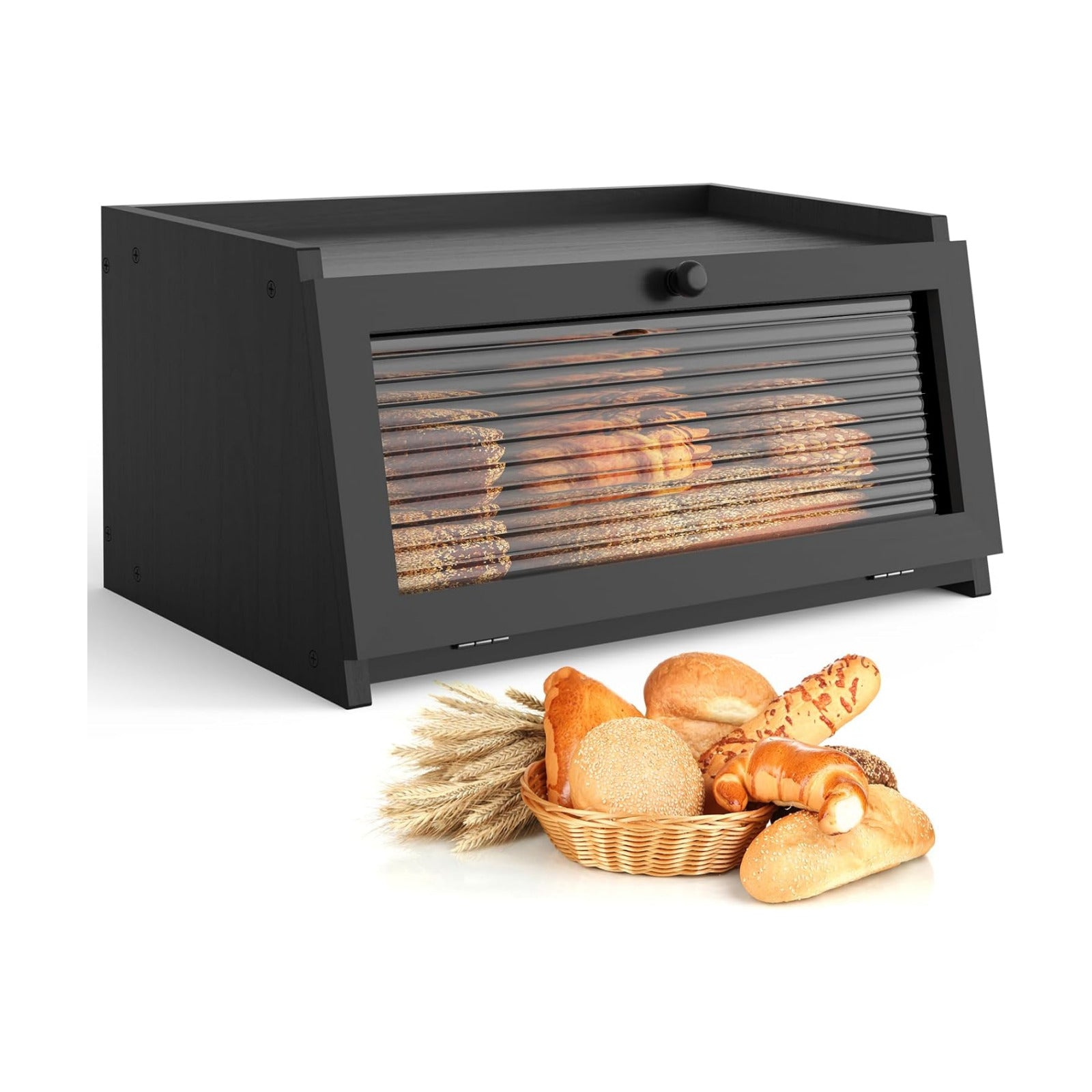 LOHASOK Bread Box for Kitchen Countertop,Black | Wooden,Large, Farmhouse Bread Container Holder Storage, Acrylic