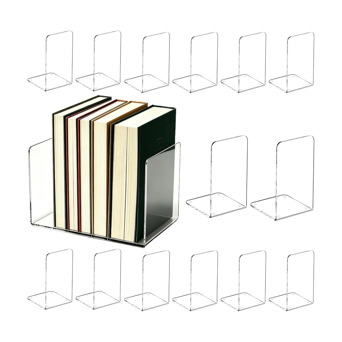 Acrylic Book Ends 16 Pcs, Clear Bookends, Bookend Organizer for Shelves | Transparent Book Stoppers, Decorative Book