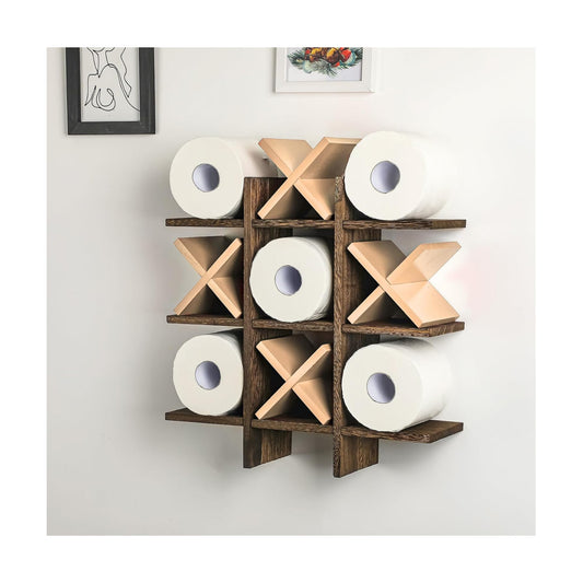 Weysat Tic Tac Toe Toilet Paper Holder,Wood Color, Brown | Farmhouse Bathroom Decor, Freestanding or Wall Mount Storage