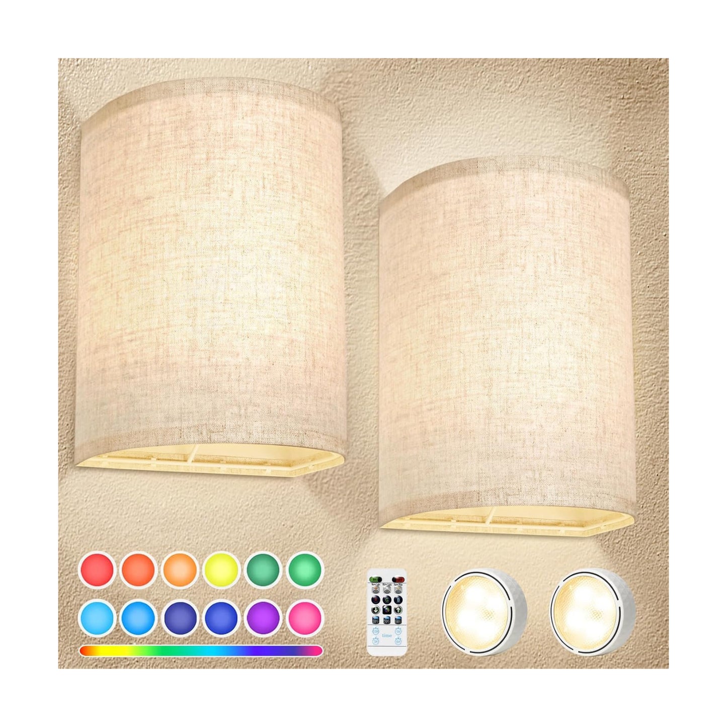 FINCMY Battery Operated Wall Sconces Set of Two, 18 RGB Colors Stick on Wall Lights with Remote, Changeable Dimmable