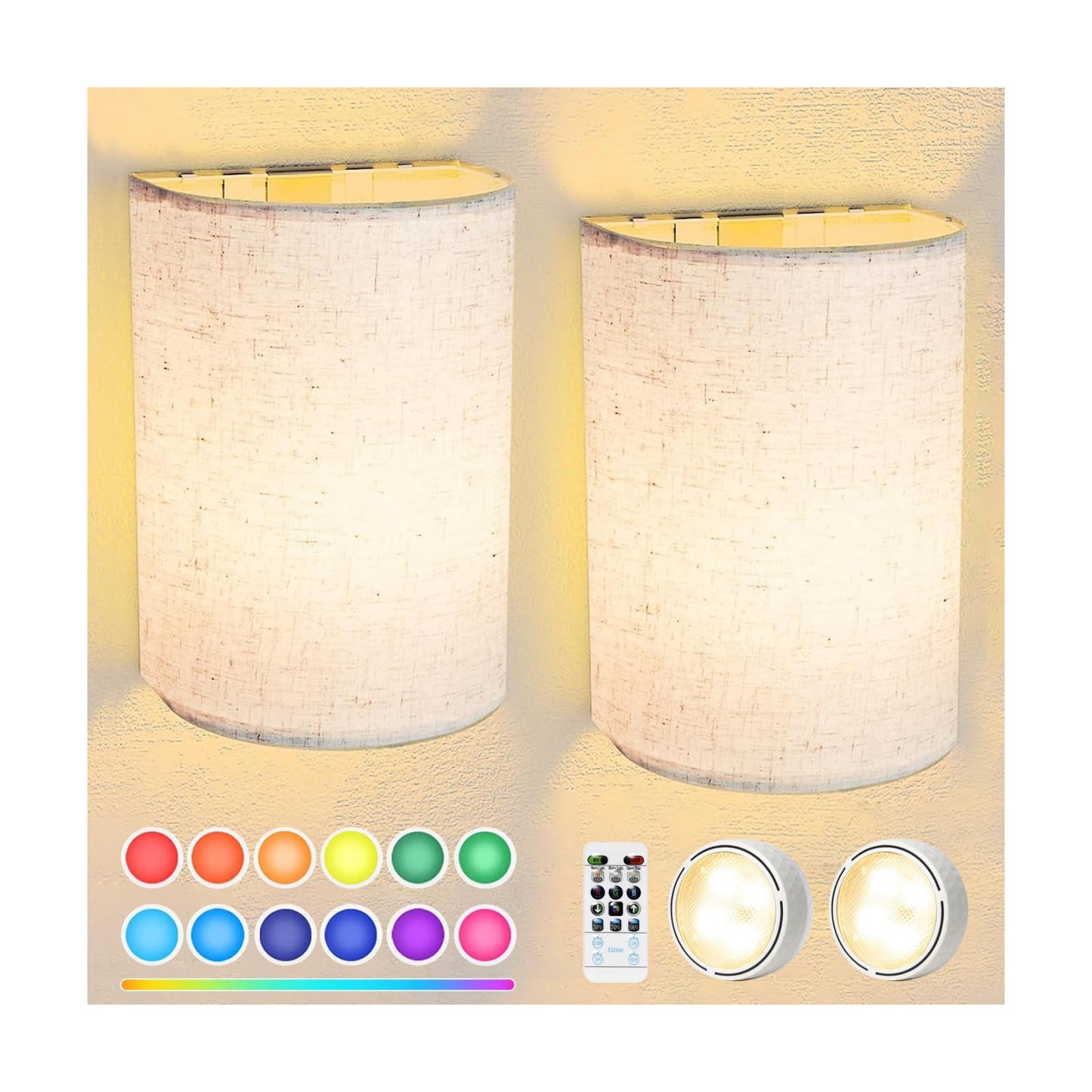 FINCMY Battery Operated Wall Sconces Set of Two, 18 RGB Colors Stick on Wall Lights with Remote, Changeable Dimmable