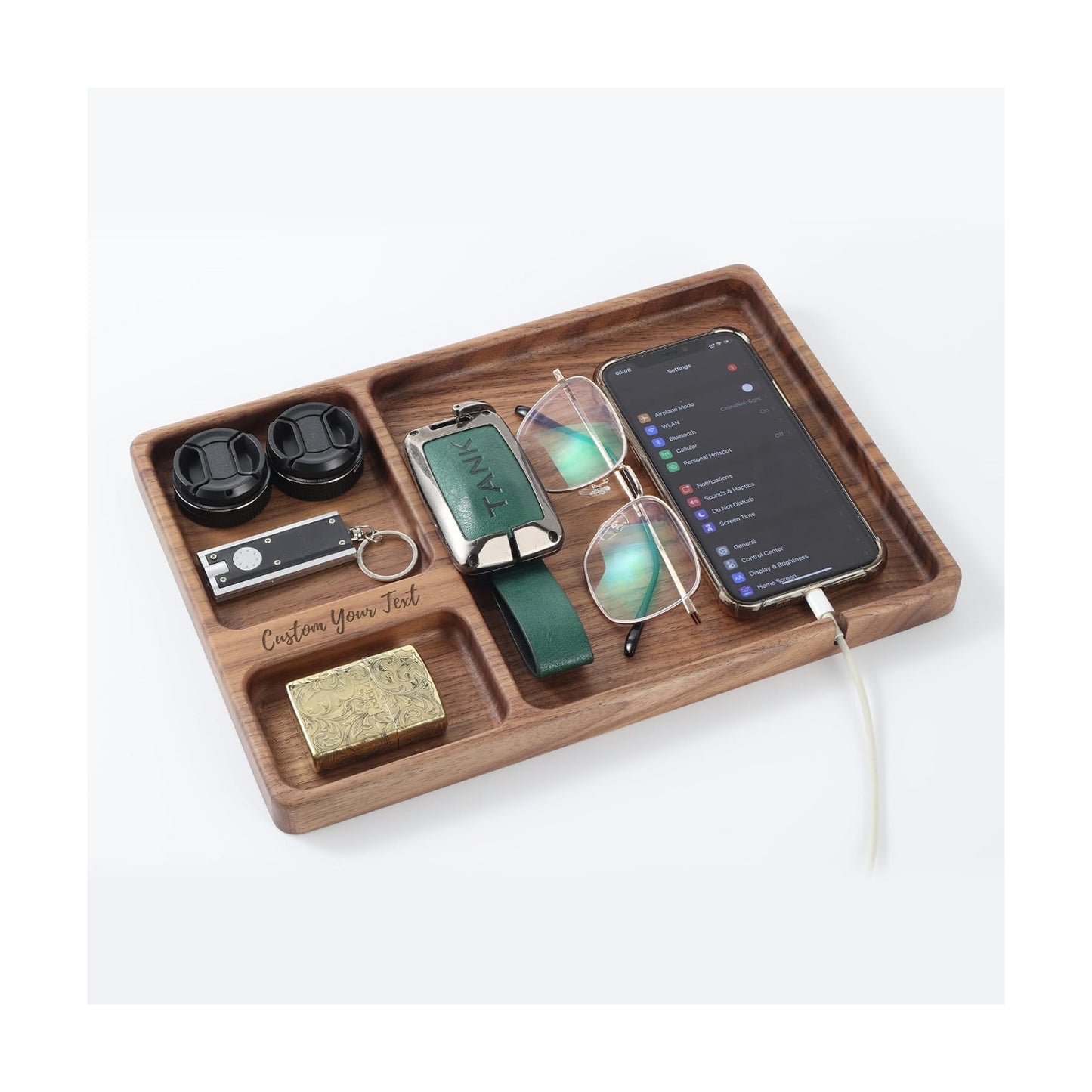 Personalized Walnut Valet Tray – Custom Engraved Wooden Nightstand Organizer, Personalized Gift for Dad Mom Men Women