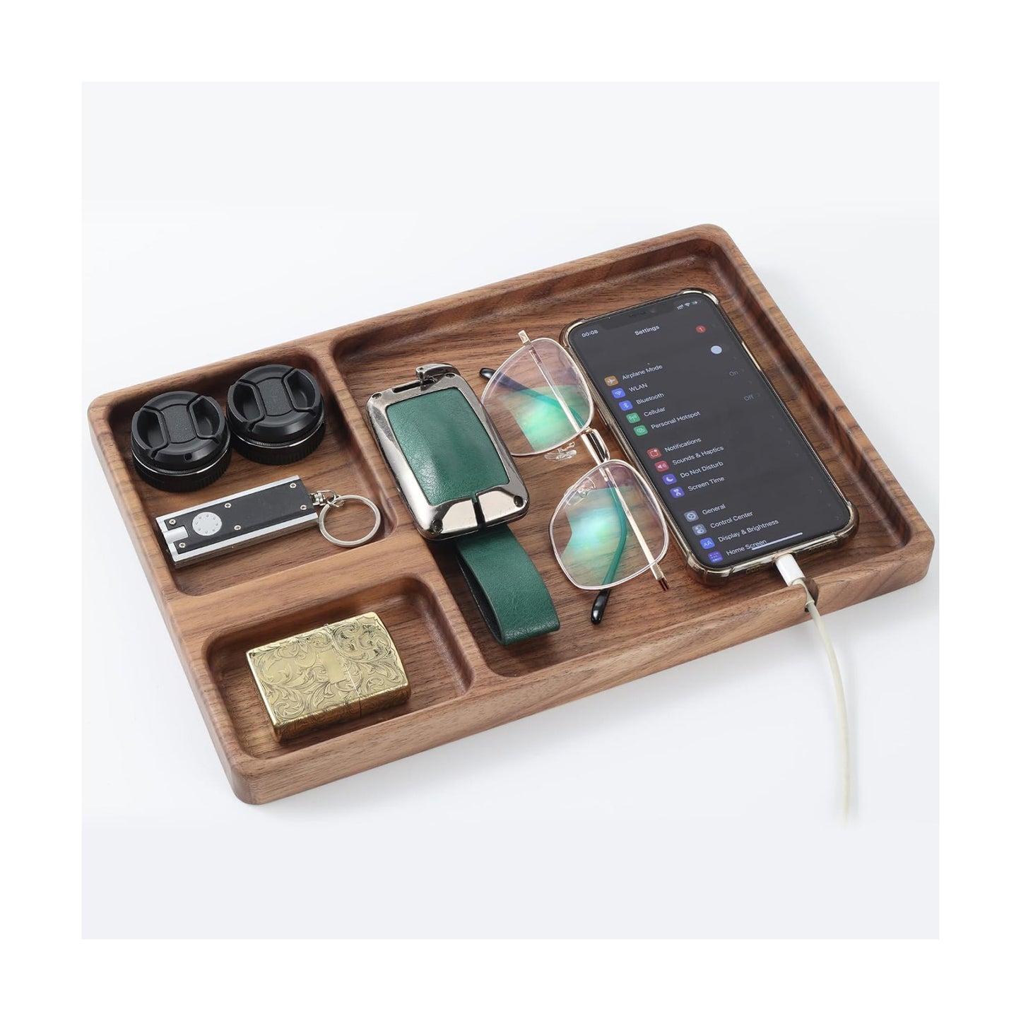 Walnut Wooden Valet Tray – Bedside Table Organizer for Men Dad, Edc Catch All Tray with Cable Slot (11.4 x 7.9 x 0.8