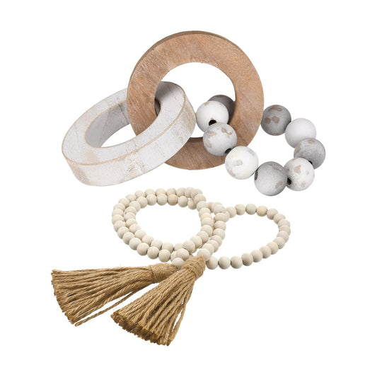 Decorative Wood Knot Link Chain Decor and Bead Garland Set / Retro Colors / Natural / Set of 2