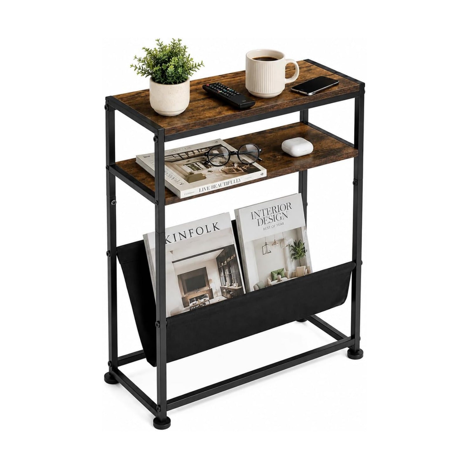 Narrow End Table with Magazine Rack, 2-Tier Slim Side Table for Small Spaces, Industrial Nightstand with Storage Sling