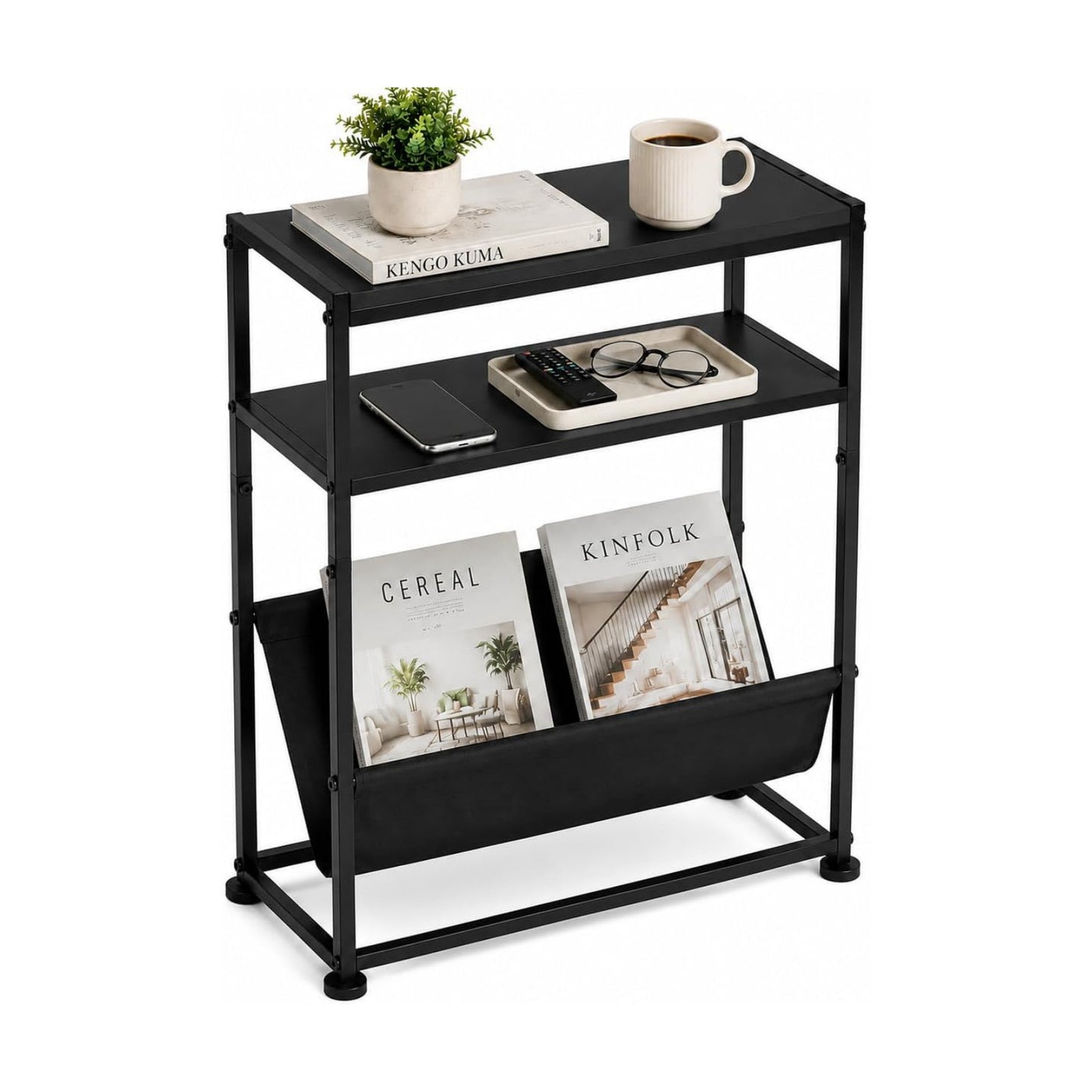 Narrow End Table for Small Spaces - Slim Side Table with Magazine Holder,2 in 1 Design Narrow Coffee Table Living