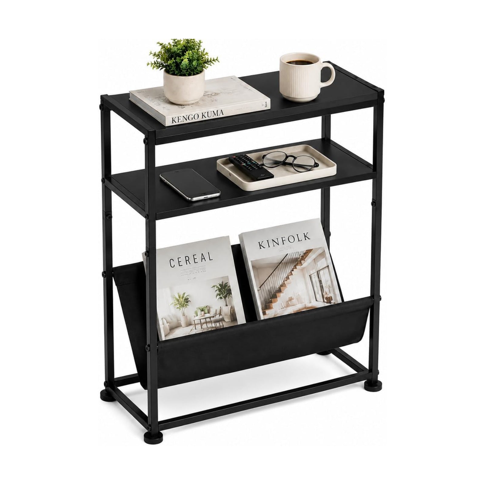 Narrow End Table for Small Spaces - Slim Side Table with Magazine Holder,2 in 1 Design Narrow Coffee Table Living