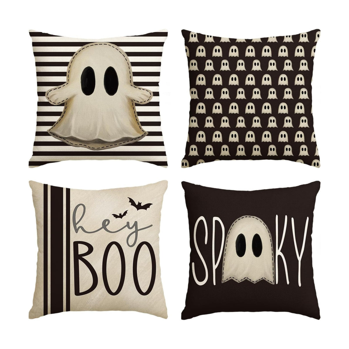 AVOIN colorlife Halloween Hey Boo Cute Ghost Spooky Throw Pillow Covers, 18 x 18 Inch Horror Scary Cushion Case for Sofa Couch Set of 4, Black