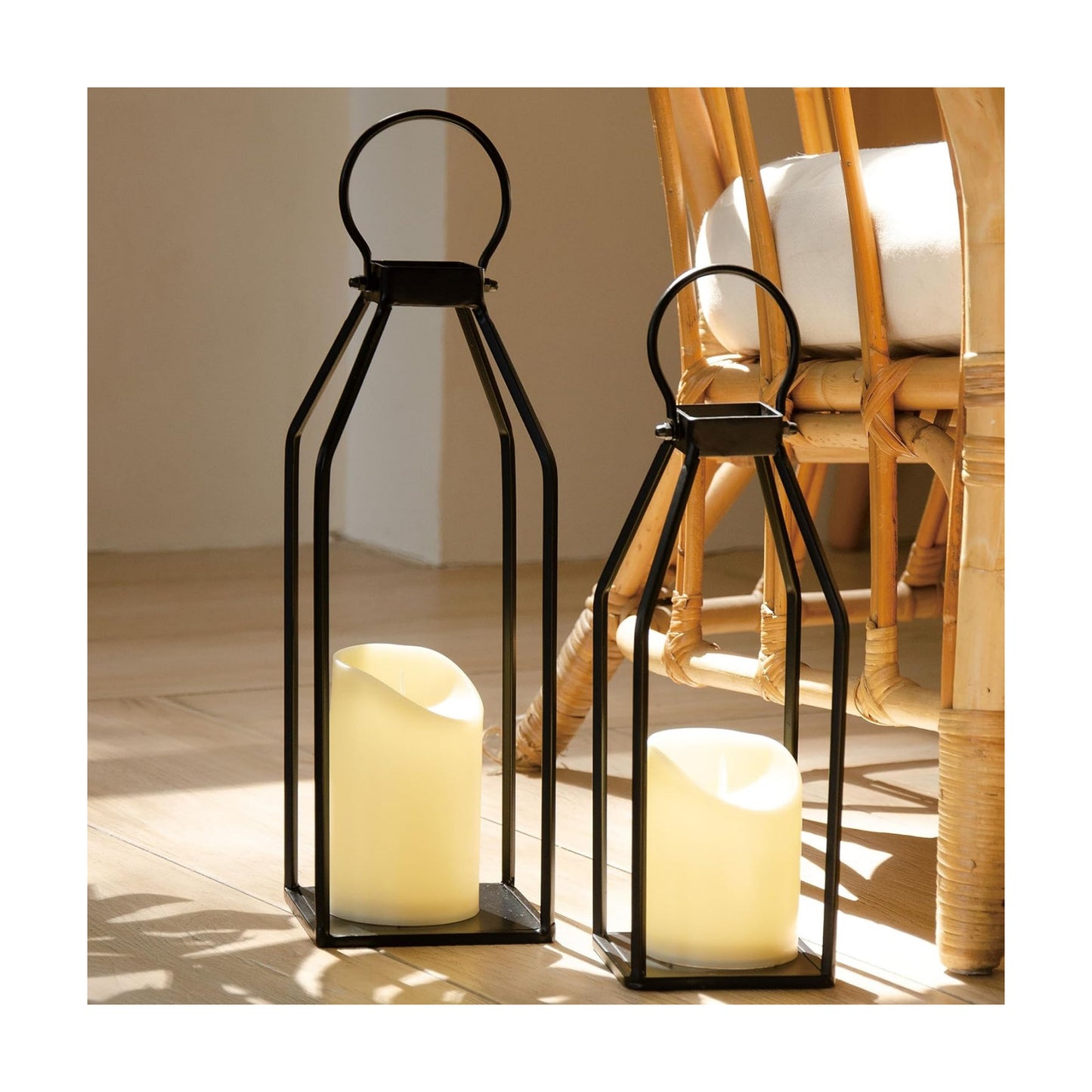 Perfnique Modern Farmhouse Lantern Decor, 15'' 13'' Set of 2 Black Metal Lantern, 2 LED 6hr Timer Flameless Candles ＆