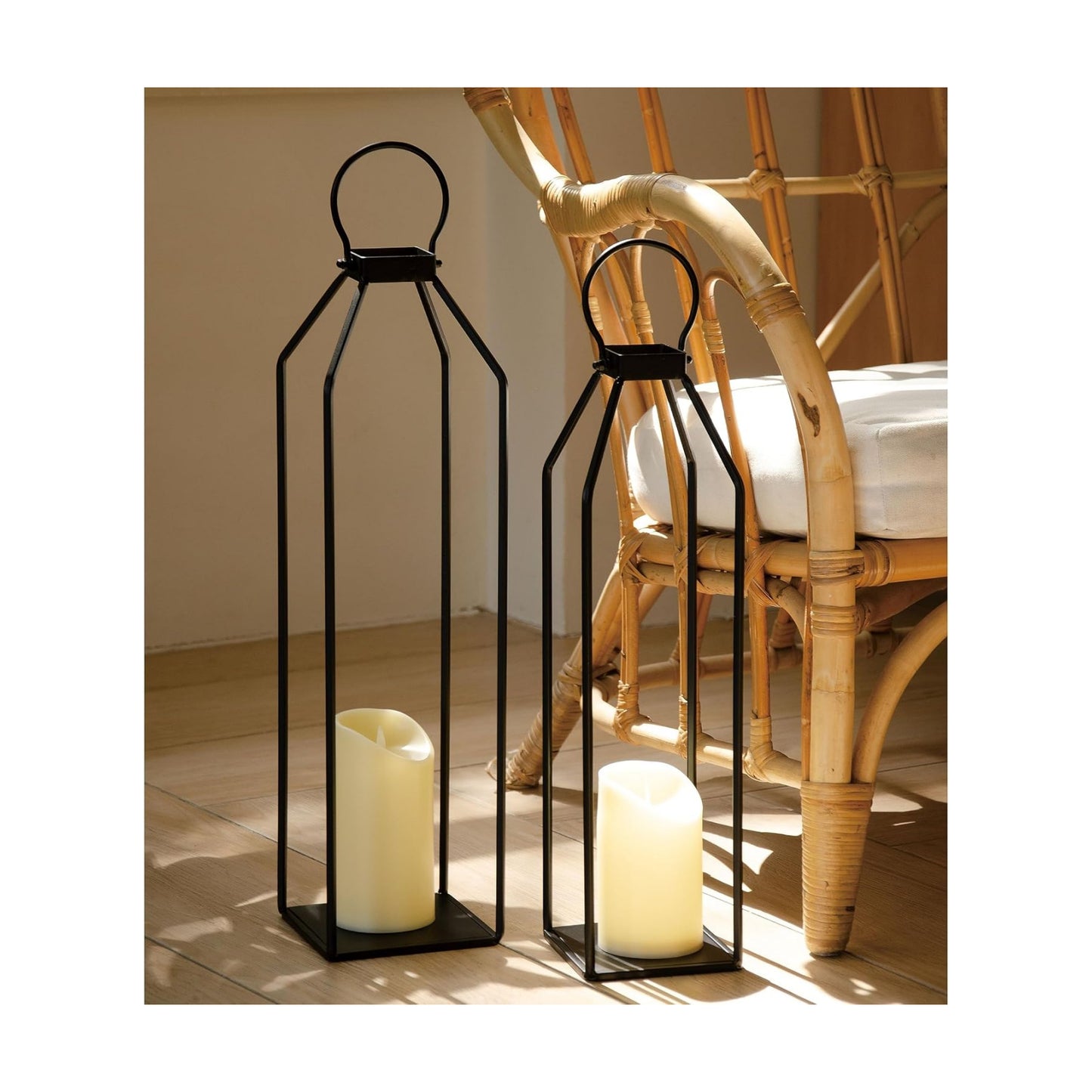 Perfnique Modern Farmhouse Lantern Decor, 19.7'' 22'' Set of 2 Black Metal Lanterns, 2 LED 6hr Timer Flickering