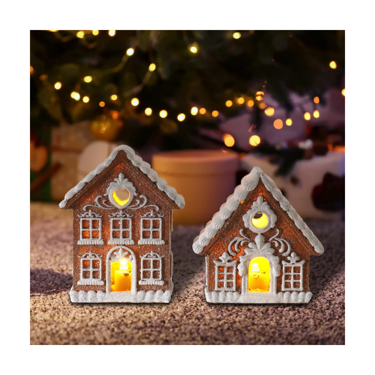 Braxio Indoor Christmas Decorations Gingerbread House Kit 2PCS with LED Light - 3 Inch Miniature Resin Houses for Indoor Home Decor, Family Room Aesthetic