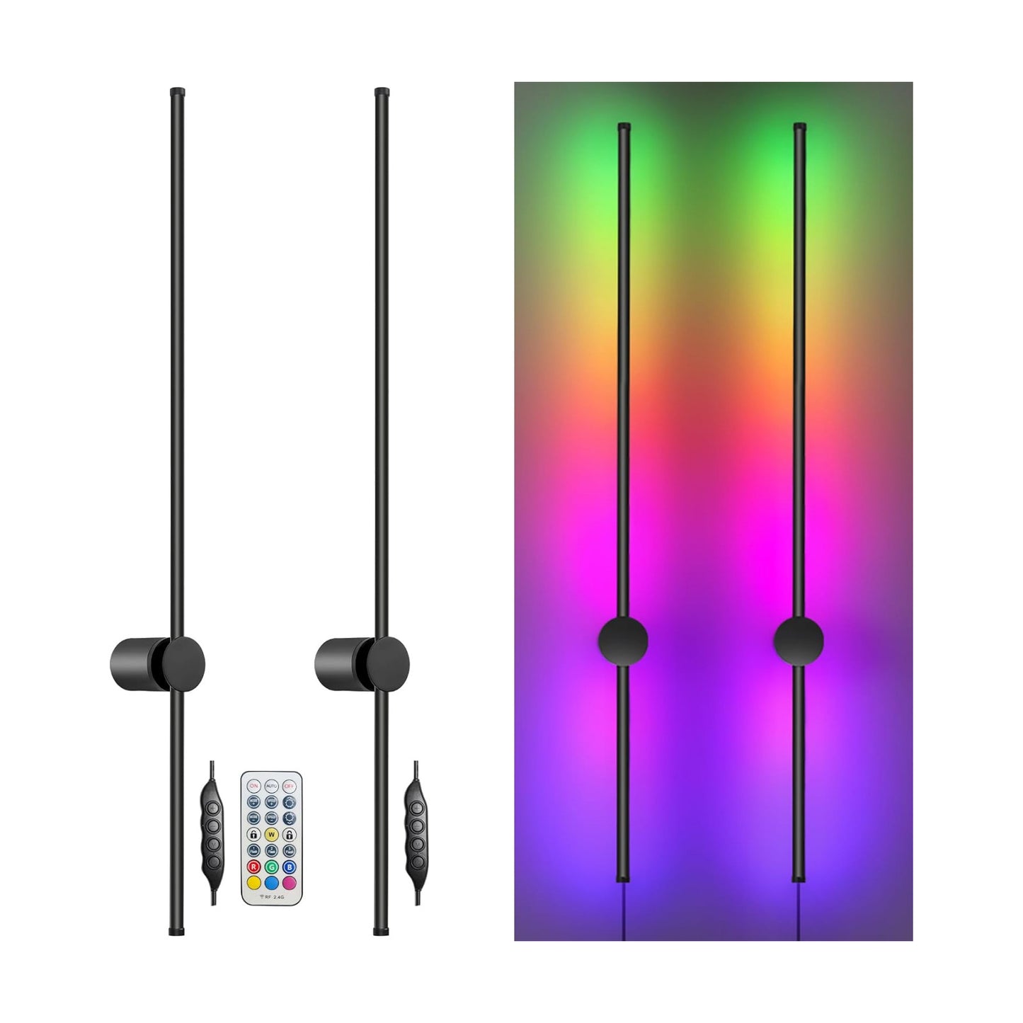 RGB LED Wall Sconces Set of Two with Remote, 15 Color Modes, Dimming, DIY 180° Rotate, Black Plug in Wall Sconces with