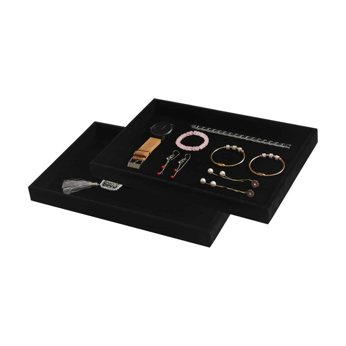 /Set Stackable Jewerlry Organizer Tray Velvet Blank Tray / Blank+blank / Black Velvet / Set of 2