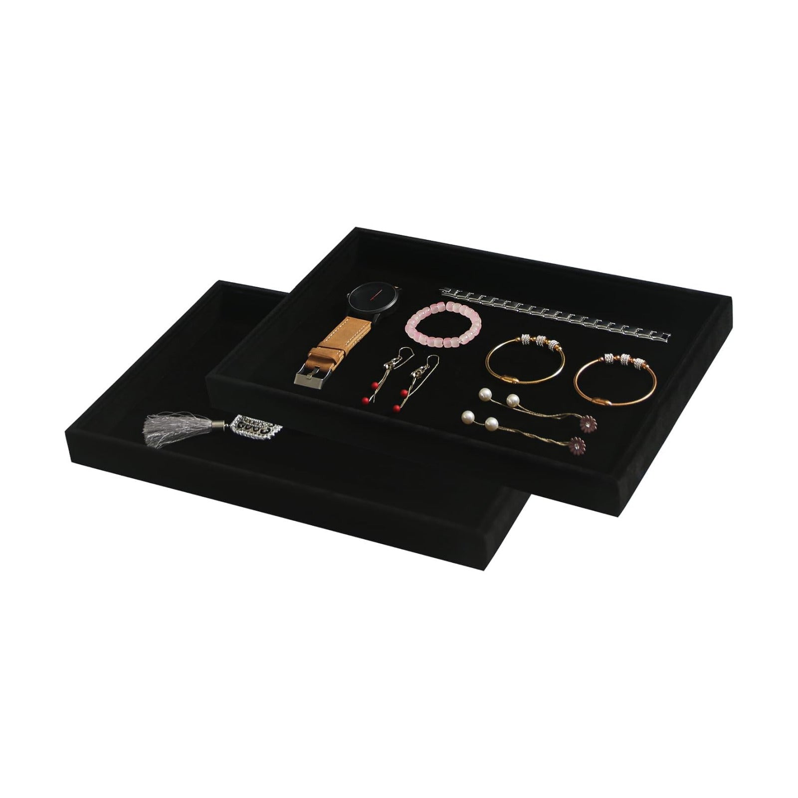 /Set Stackable Jewerlry Organizer Tray Velvet Blank Tray / Blank+blank / Black Velvet / Set of 2