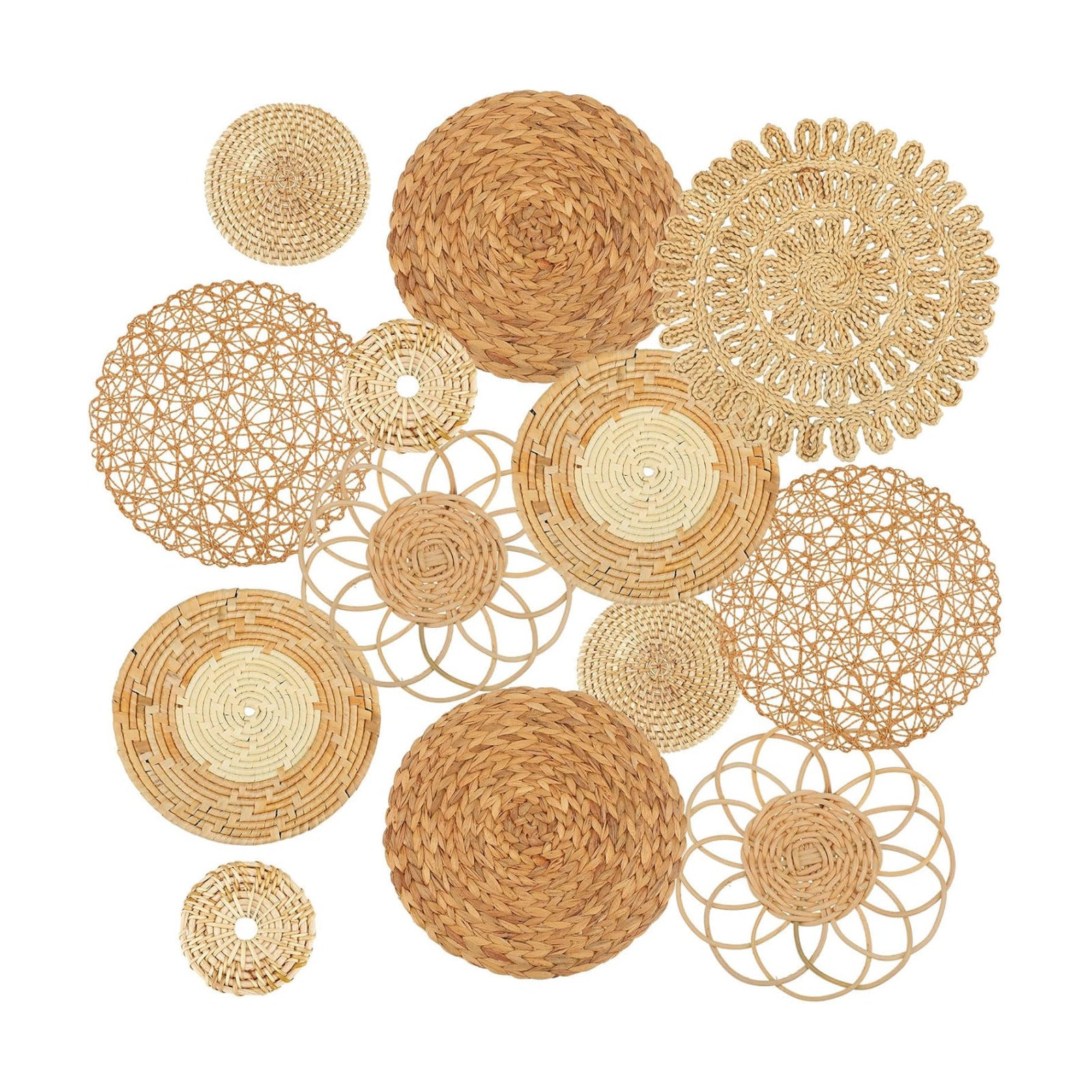 Boho Wall Basket Decor Woven Rattan Flat Baskets Handmade Boho Wicker Bamboo / Classic / Set of 13