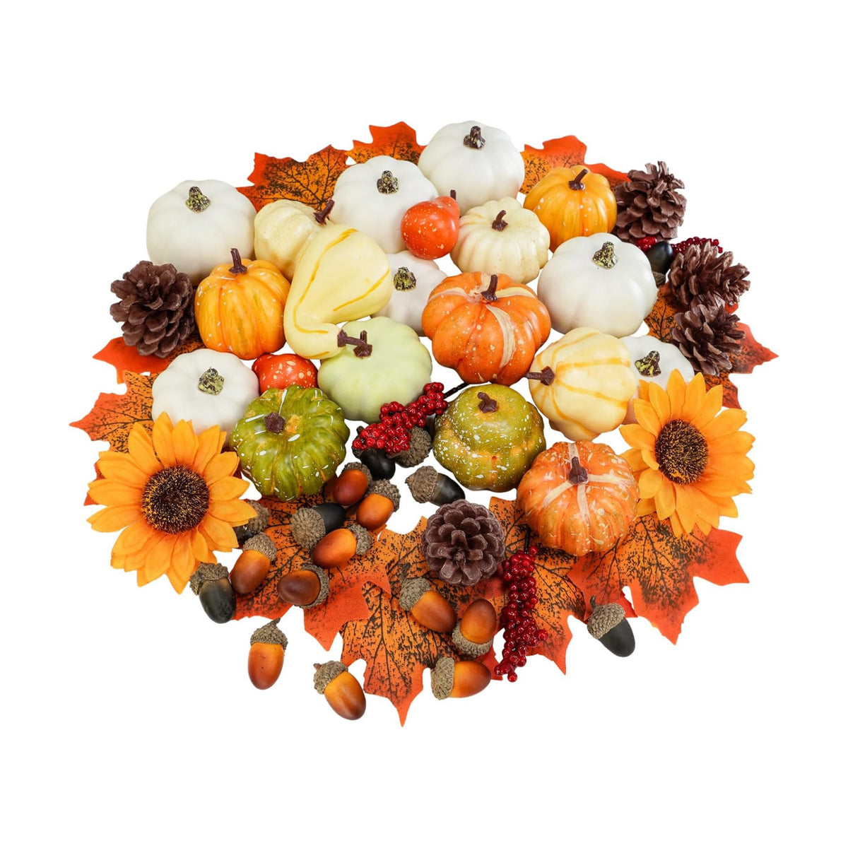 Winlyn 60 Pcs Assorted Small Artificial Pumpkins and Gourds with Acorns Pinecones Maple Leaves Sunflowers Fall Harvest Decoration Set for Thanksgiving Halloween Bowl Filler Table Centerpiece Wreaths