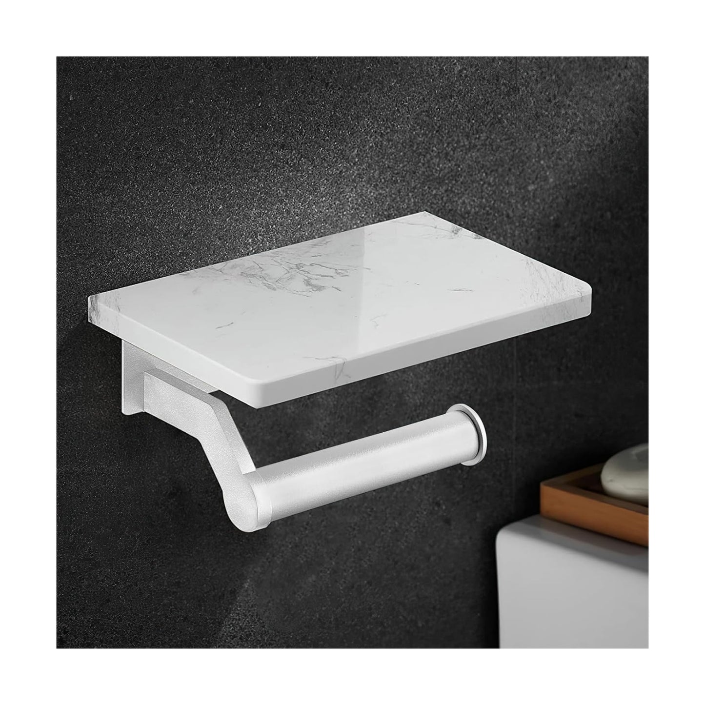 Hoimpro Toilet Paper Holder with Marble Shelf, Wall Mount Brushed Silver | White Natural Marble Phone Shelf Commercial