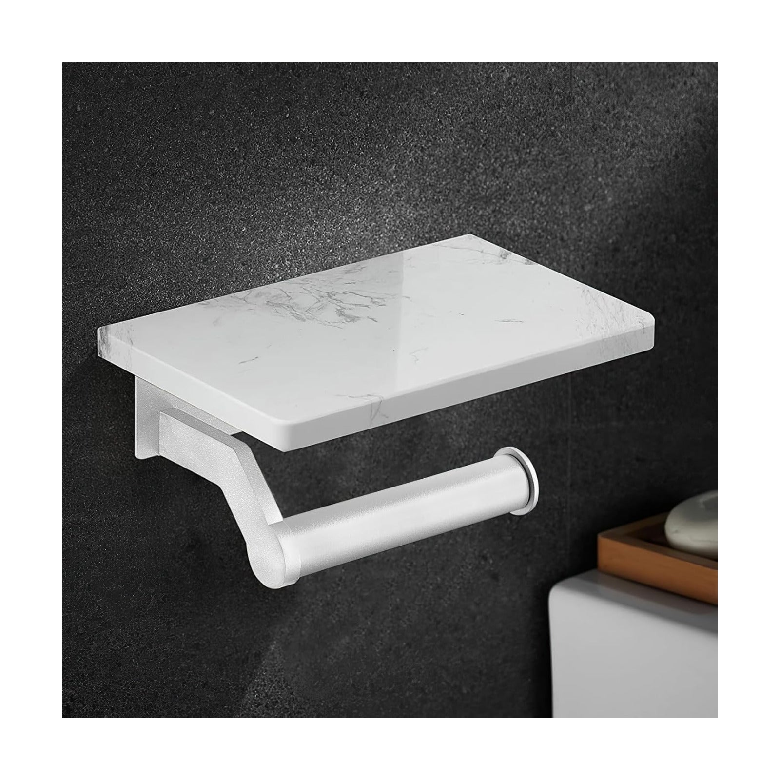 Hoimpro Toilet Paper Holder with Marble Shelf, Wall Mount Brushed Silver | White Natural Marble Phone Shelf Commercial