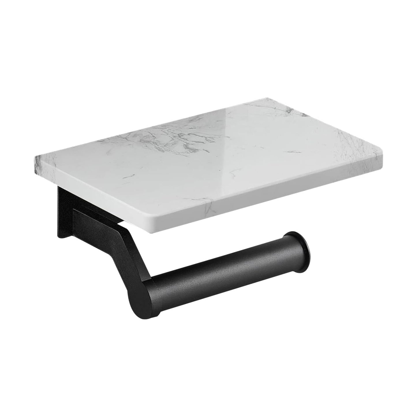 Hoimpro Toilet Paper Holder with Marble Shelf, Wall Mount Matte Black | White Natural Marble Phone Shelf Commercial