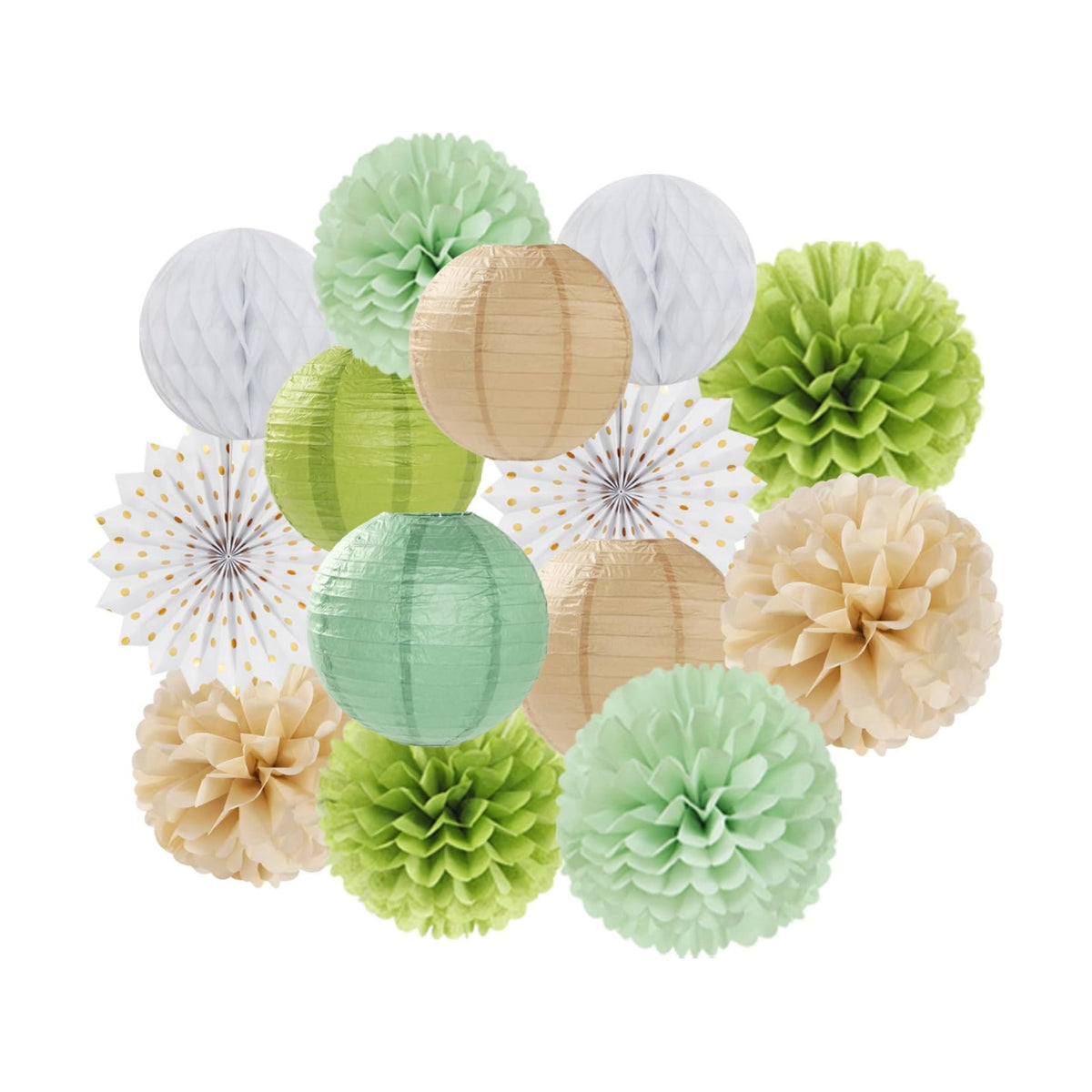 Olive-Sage Green-Boho Party-Decorations Streamers-Lanterns - 14pcs Baby Bridal Shower Wedding Paper Fan, Eucalyptus Wild Safari Jungle Birthday Tissue Pom Poms, Honeycomb Balls Decor Lasting Surprise