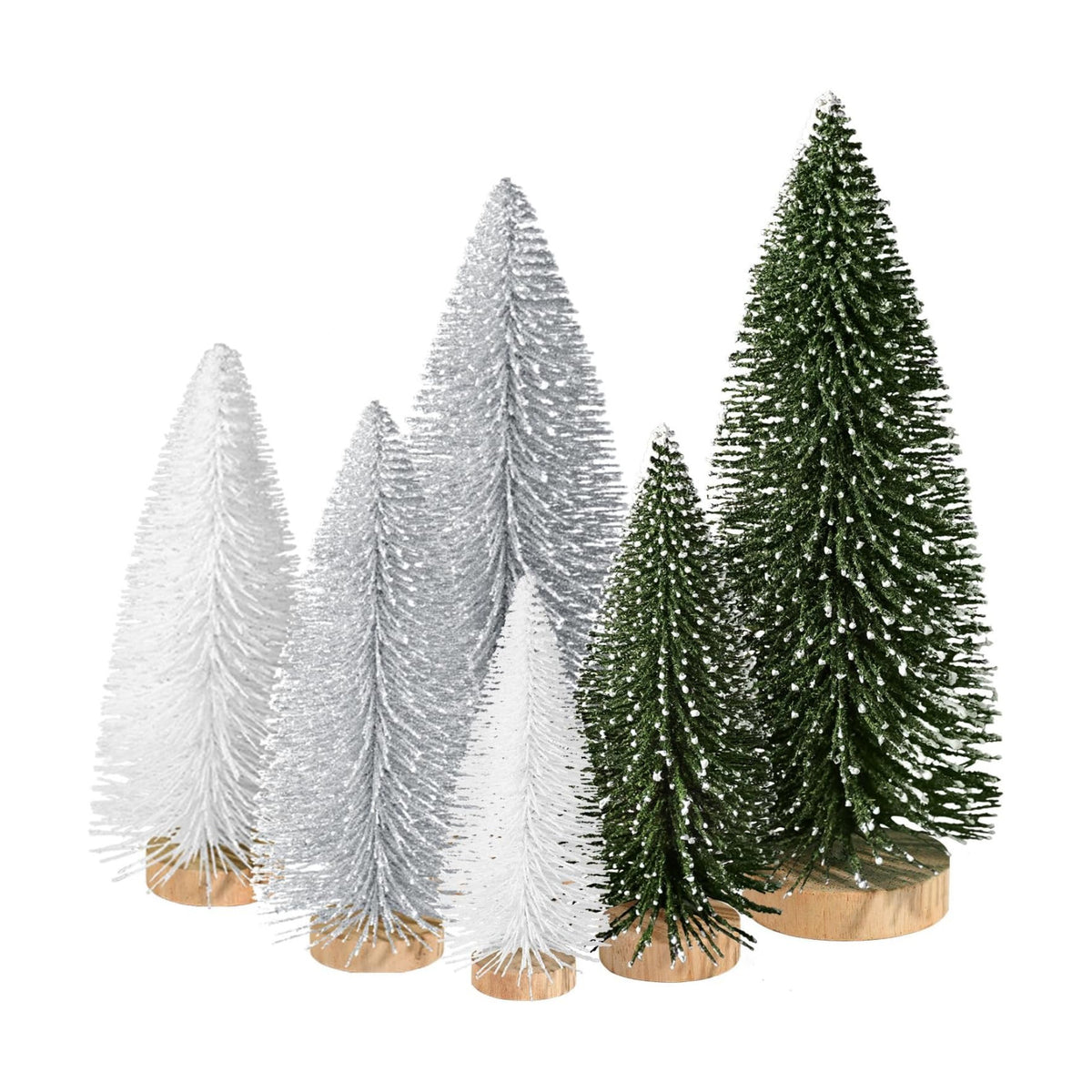 6pcs Mini Christmas Trees Christmas Decor, Artificial Christmas Mini Bottle Brush Trees Tabletop, Christmas Decoration Trees with 4 Size Xmas Holiday Decor (6pcs Green+Silver+White)