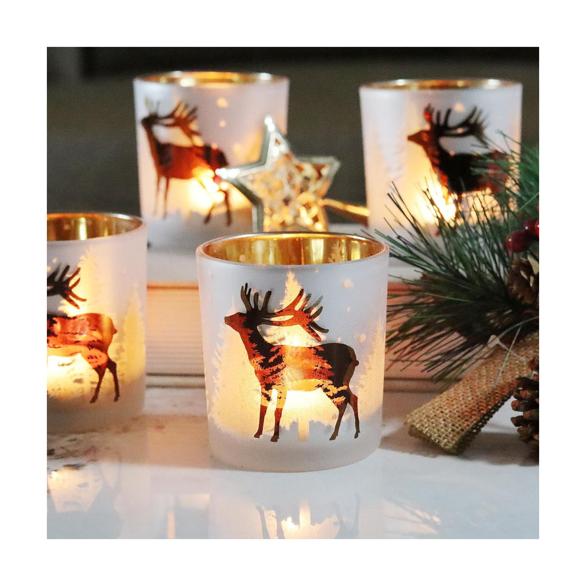 SHMILMH Christmas Votive Candle Holders Set of 4, Gold and Silver Glass Tealight Candle Holders for Xmas Table Centerpiece Decorations, Christmas Candle Jar for Candle Making
