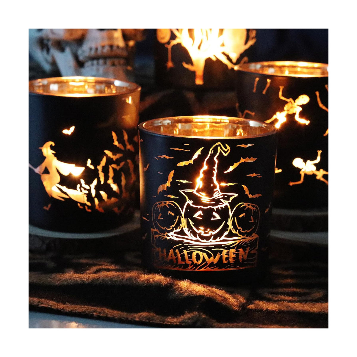 SHMILMH Halloween Glass Candle Holders Set of 4, Votive Tealight Holder Candle Jar for Making Candle, Halloween Office Kitchen Mantel Table Centerpiece Decoration