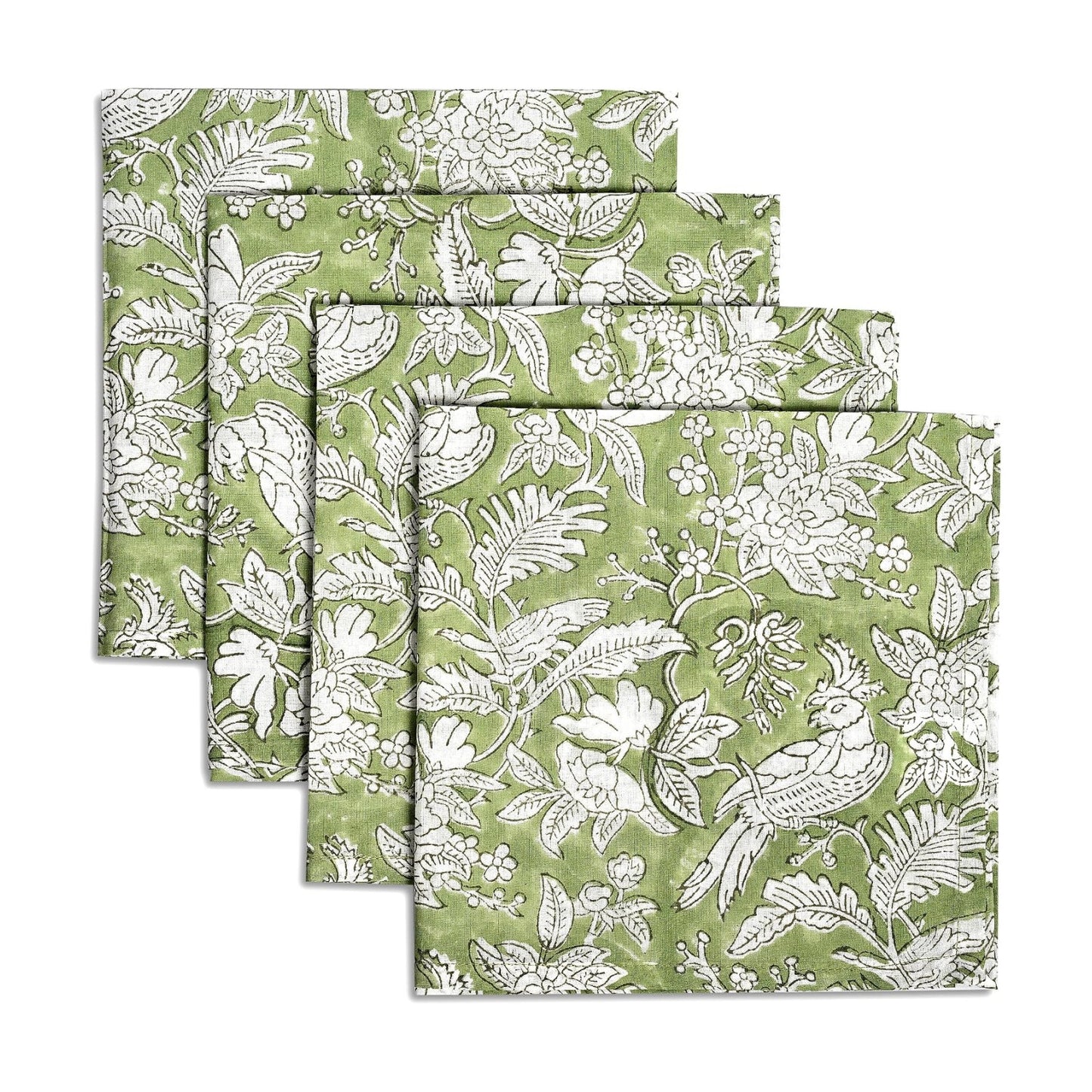 CPC Olive Green Indian Block Print Cotton Cloth Napkins Set of 4, 18x18 Reusable Everyday Napkins, Soft, Absorbent