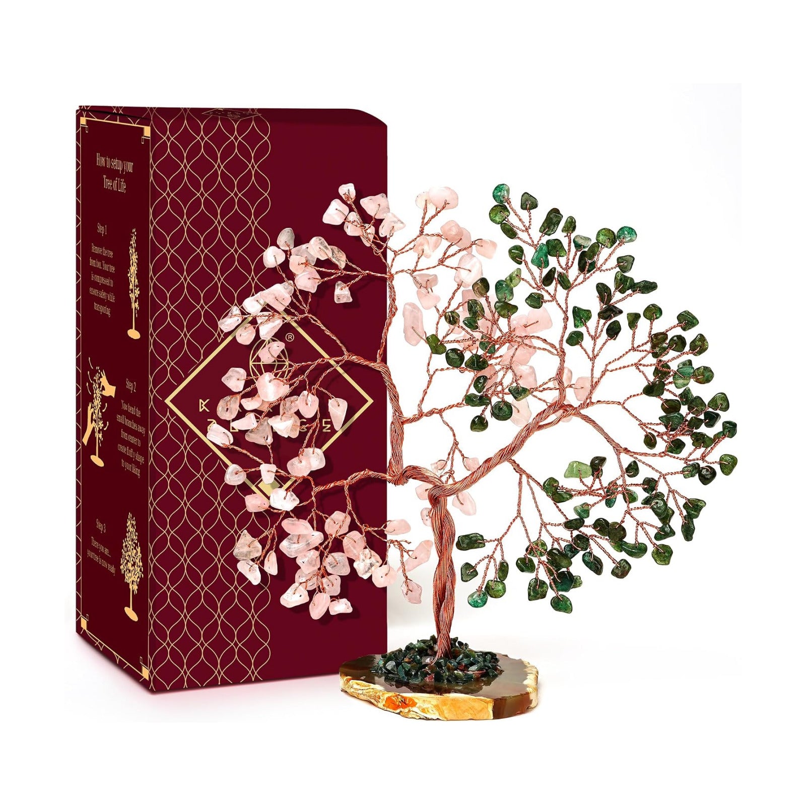 Handmade Healing Crystal Tree of Life Green Aventurine & Rose Quartz Chakra Tree for Money, Good Luck, Feng Shui Home
