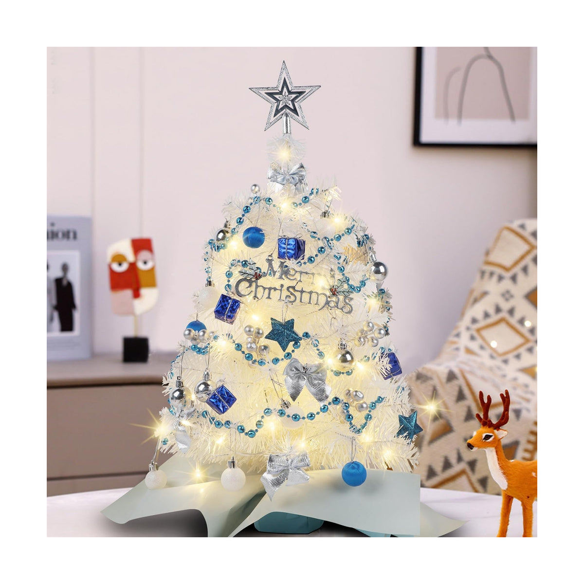 Juegoal White Mini Christmas Tree, 24 Inch/2 FT Lighted Tabletop Artificial Xmas Pine Tree, Small Spruce Tree Light Up Battery Operated & Timer with 50 LED Lights, for Holiday Winter Home Party Decor
