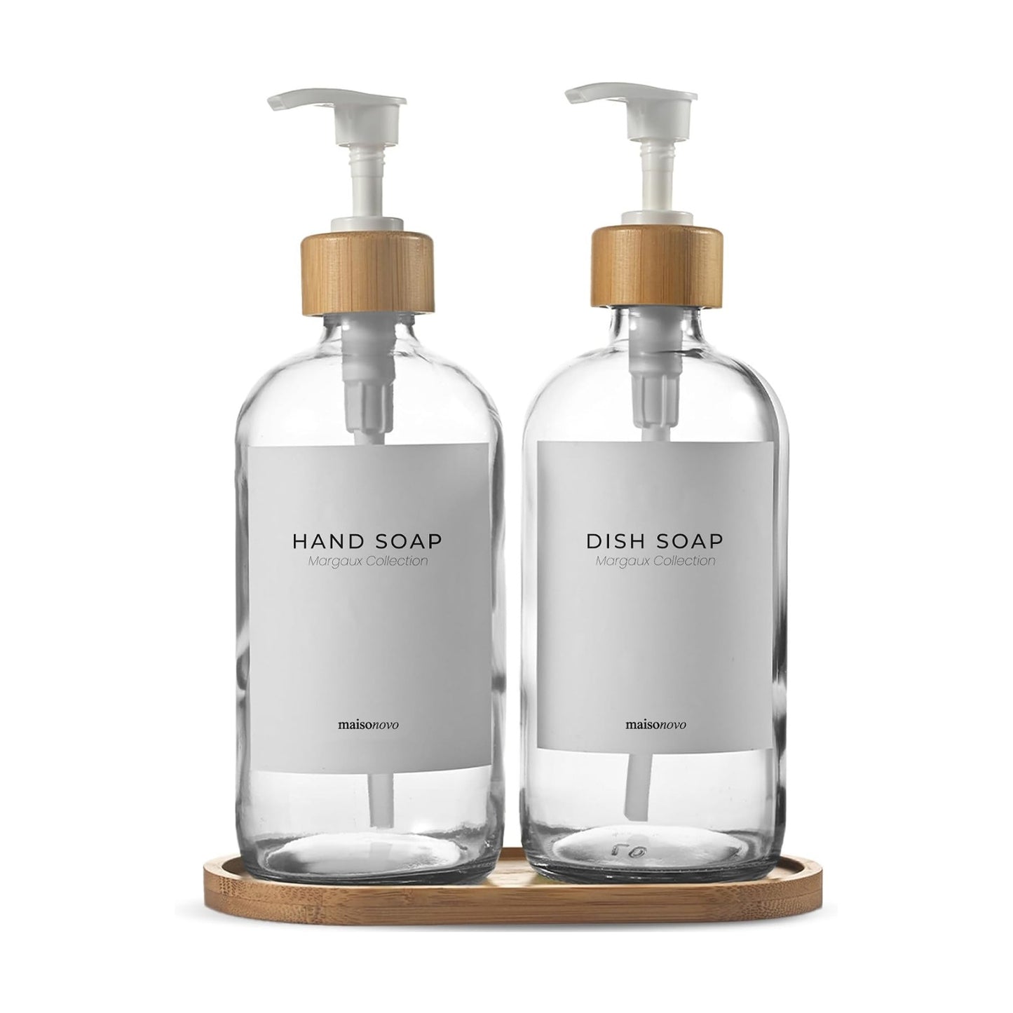 Maisonovo Dish Soap Dispenser Set - Clear Soap Dispenser White Bamboo Pumps | Glass bottles for body wash, lotion