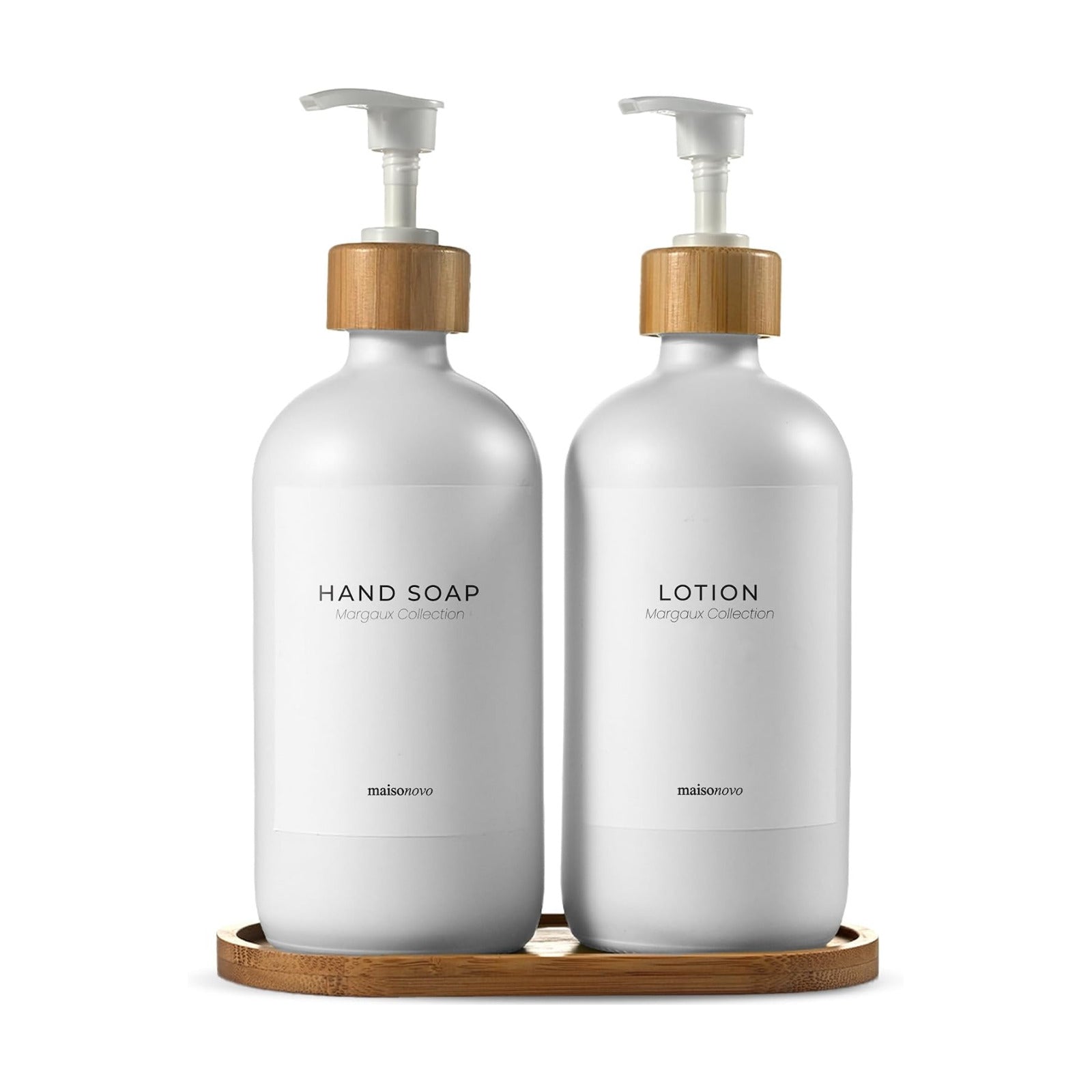 Maisonovo Soap Dispenser Set - White Soap Dispenser White Bamboo Pumps | Glass bottles for body wash, lotion, shampoo