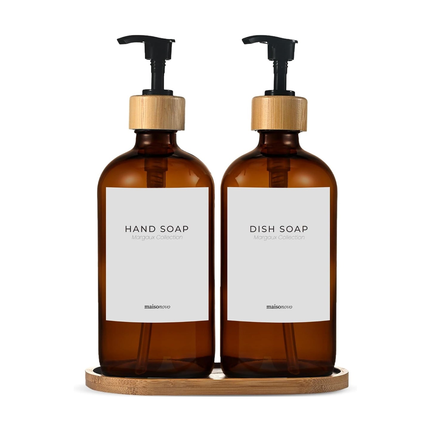Maisonovo Dish Soap Dispenser Set - Amber Soap Dispenser Black Bamboo Pumps | Glass bottles for body wash, lotion