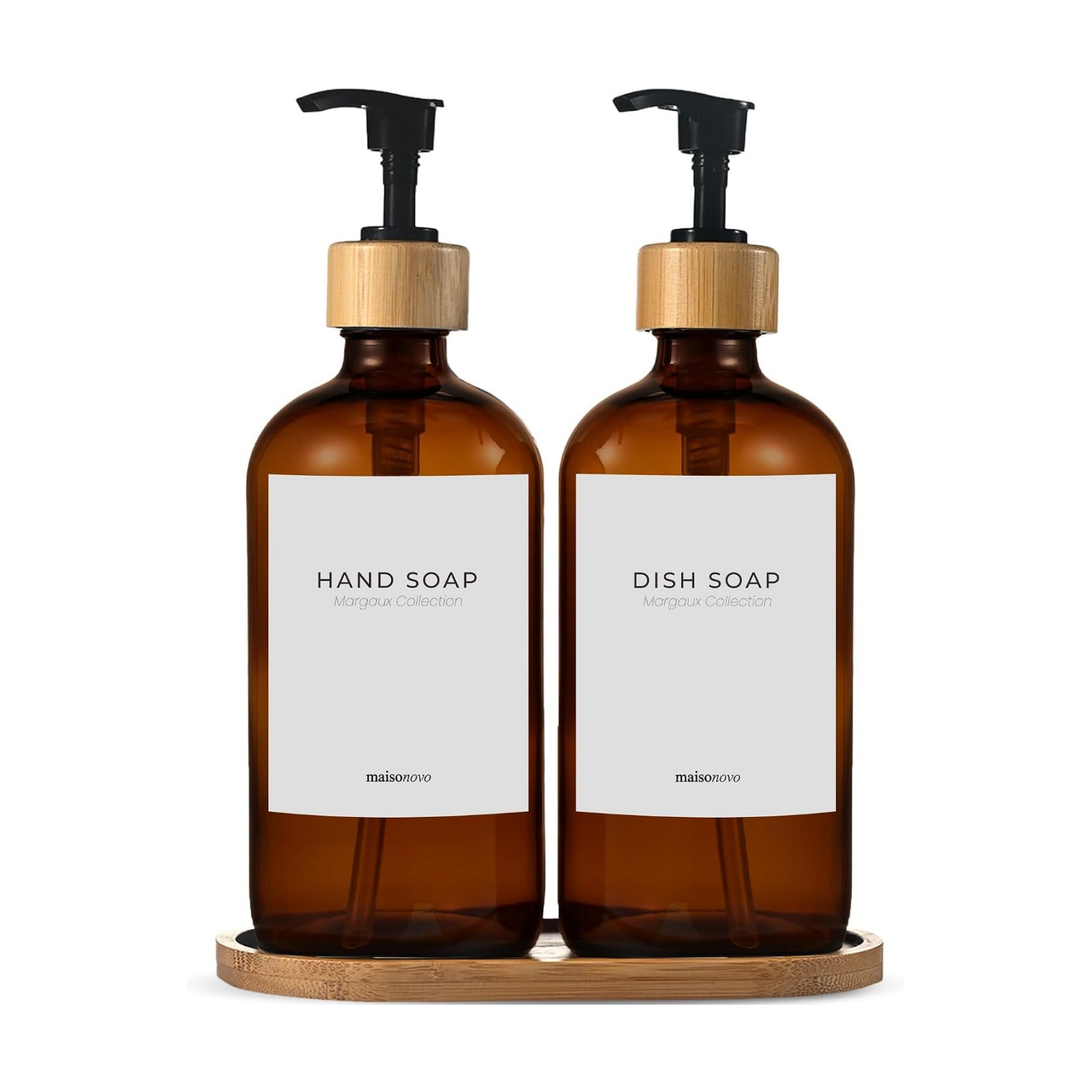 Maisonovo Dish Soap Dispenser Set - Amber Soap Dispenser Black Bamboo Pumps | Glass bottles for body wash, lotion