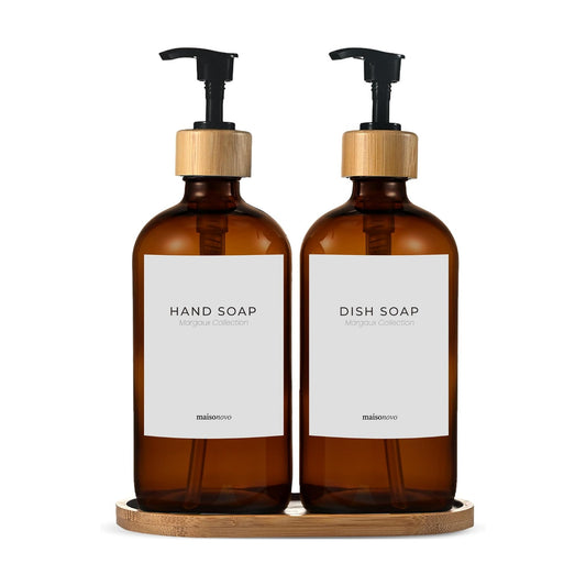 Maisonovo Dish Soap Dispenser Set - Amber Soap Dispenser Black Bamboo Pumps | Glass bottles for body wash, lotion