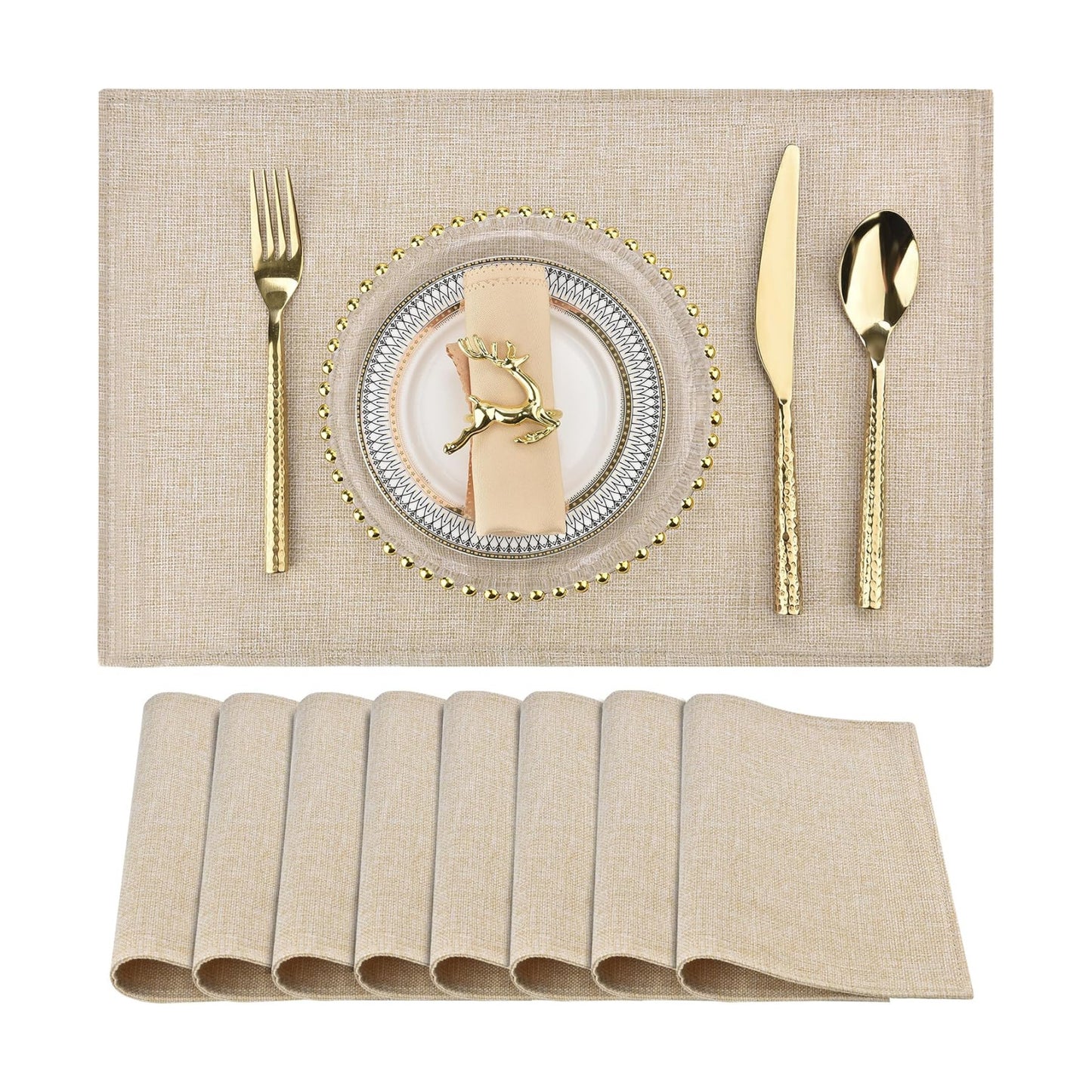SLKQG Beige Faux Linen Placemats Set of 8, Heat Resistant Washable Double Layer Cloth Place Mats for Dining Table