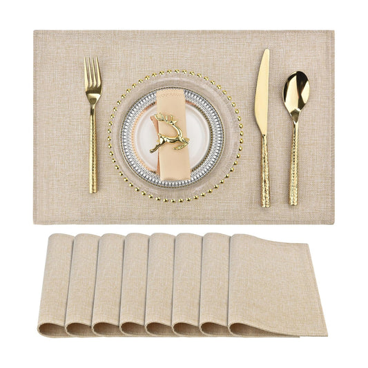 SLKQG Beige Faux Linen Placemats Set of 8, Heat Resistant Washable Double Layer Cloth Place Mats for Dining Table