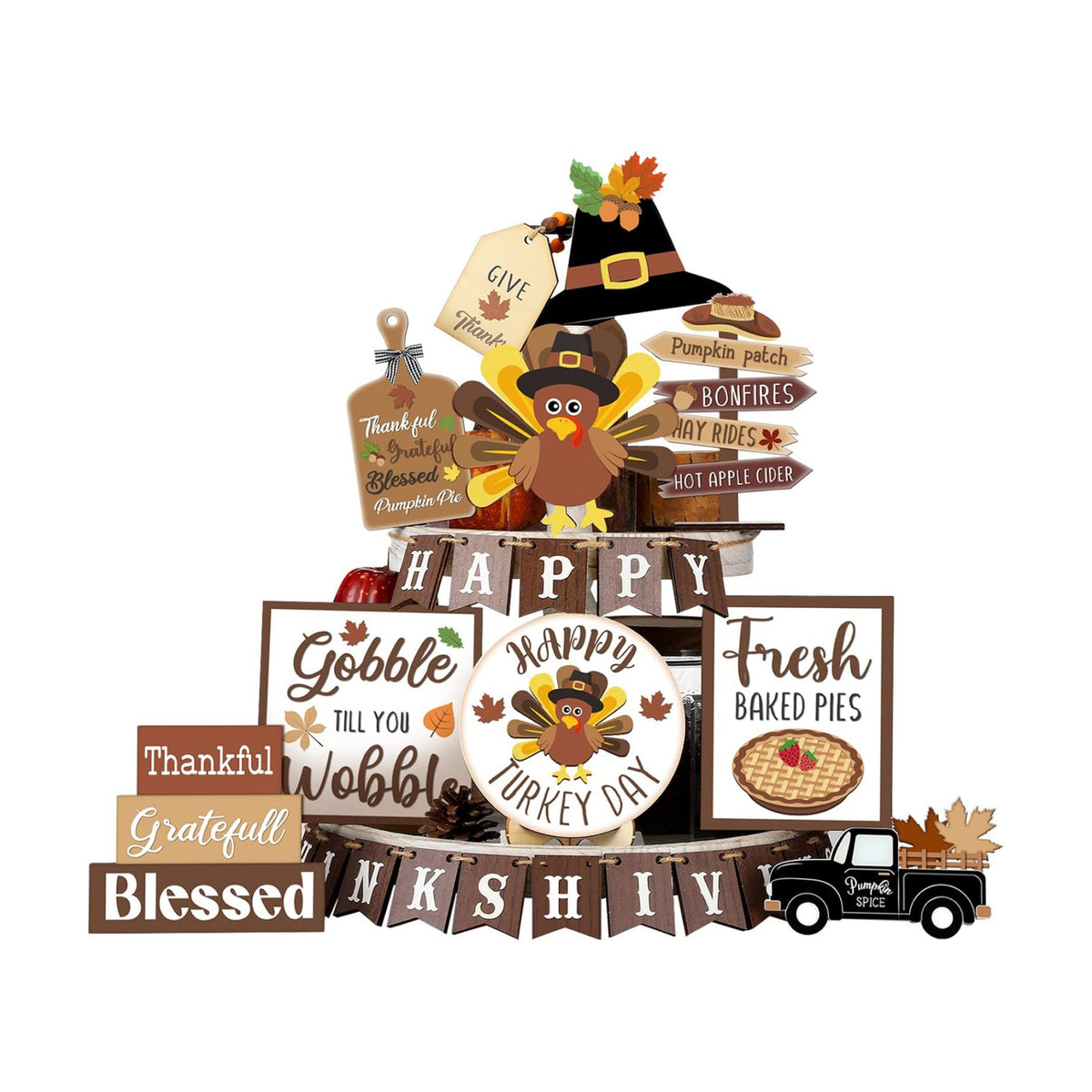 Tatuo 27 Pcs Fall Thanksgiving Tiered Tray Decoration Turkey Thanksgiving Table Decoration Fall Farmhouse Rustic Wooden Sign Truck Turkey Baked Pies Autumn Home Kitchen Decorative Tray