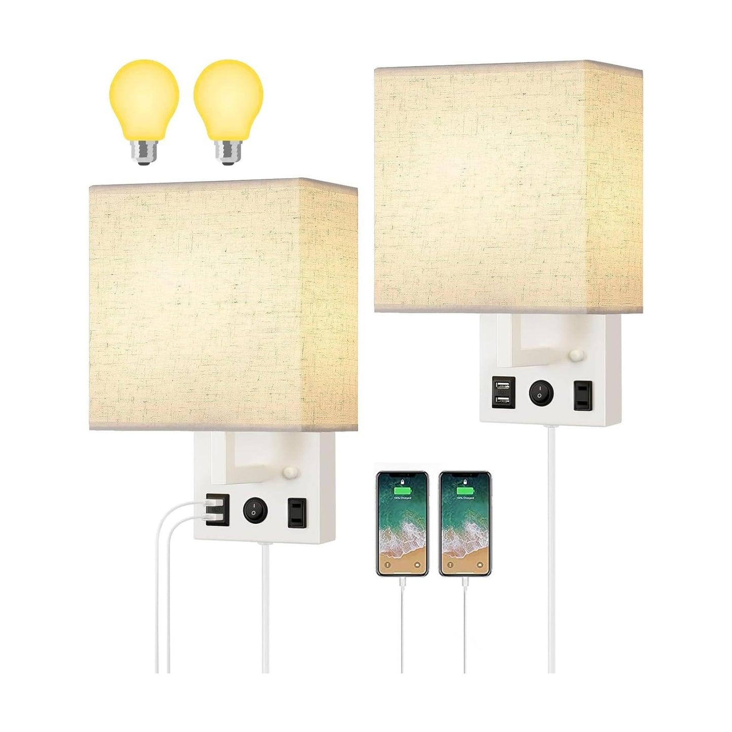 HAITRAL Wall Sconces Plug in with Bulbs - Wall Lamps for Bedroom with USB and Outlet,Sconces Wall Decor Set of 2 with