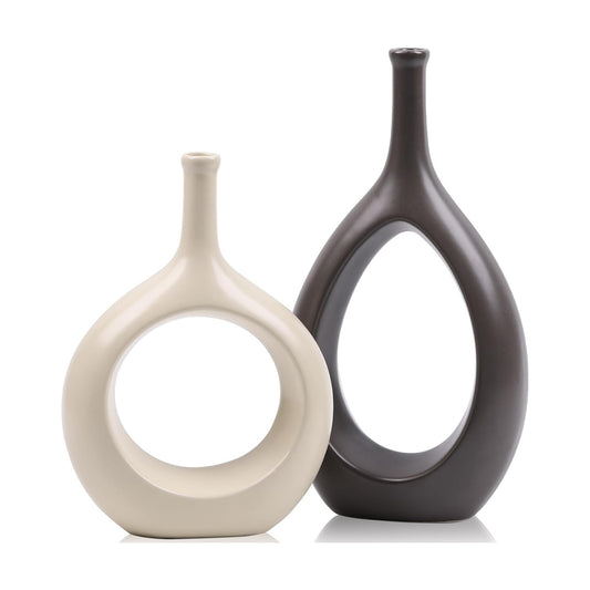 Brown White Vase Ceramic Off White Vases Home Decor / Beige and Brown