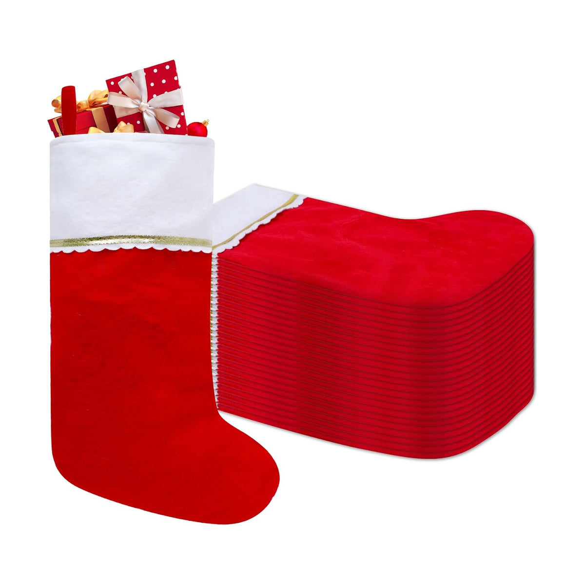24 Pack Felt Christmas Stockings, 19 Inches Red and White Christmas Stockings Hanging Ornaments, White Cuff with Gold Trim Christmas Stockings for Family Christmas Holiday Decorations