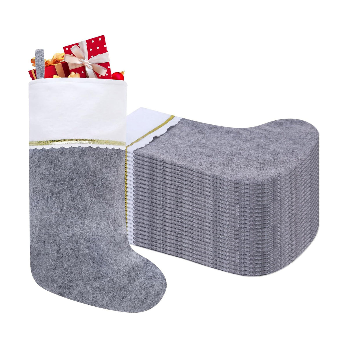 24 Pack Felt Christmas Stockings, 19 Inches Grey and White Christmas Stockings, White Cuff with Gold Trim Christmas Stockings for Family Christmas Holiday Decorations