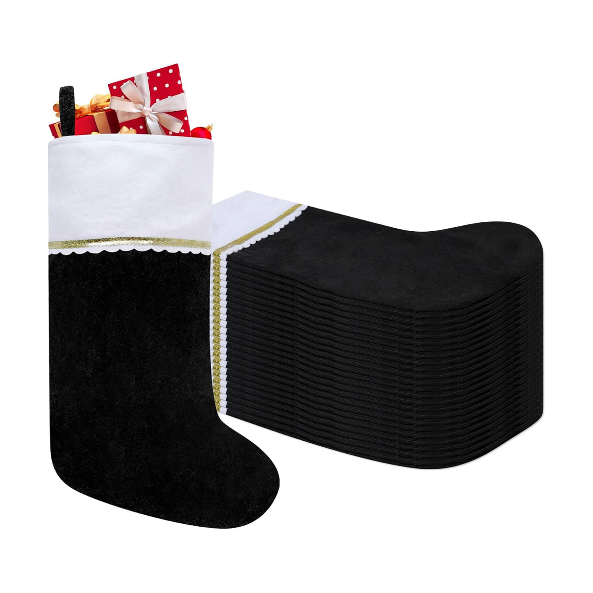 24 Pack Felt Christmas Stockings, 19 Inches Black and White Christmas Stockings, White Cuff with Gold Trim Christmas Stockings for Family Christmas Holiday Decorations