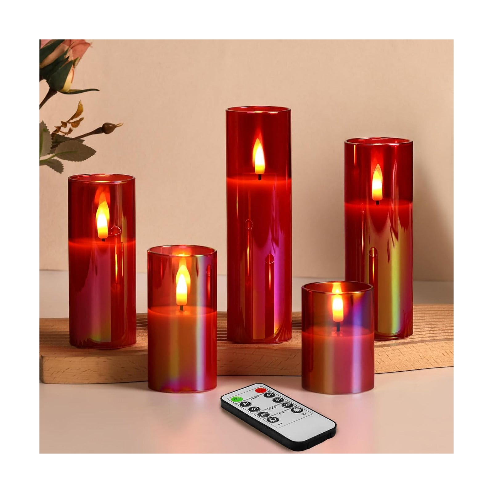 Red Glass Flameless Pillar Candles with Remote Batteries Set of 5 | Flickering Christmas LED Candles, Fireplace Home