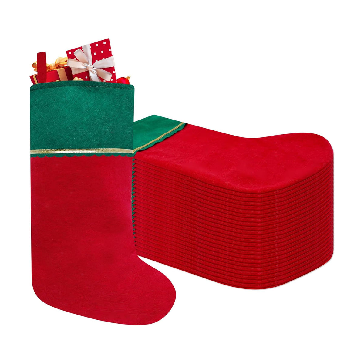 24 Pack Felt Christmas Stockings, 19 Inches Red and Green Christmas Stockings Hanging Ornaments, Green Cuff with Gold Trim Christmas Stockings for Family Christmas Holiday Decorations