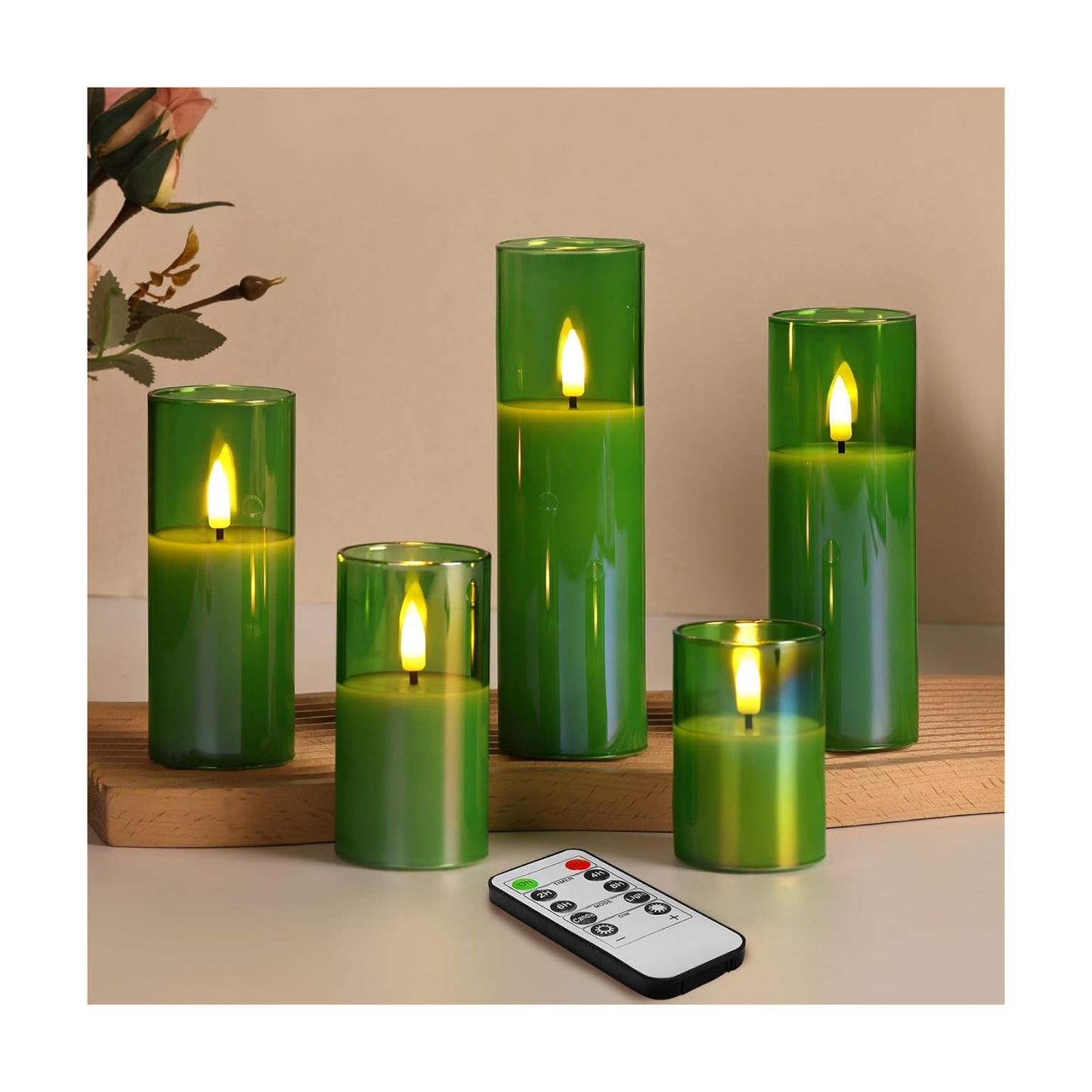 Green Glass LED Pillar Candles with Remote Batteries Set of 5 | Flickering Slim Tall LED Candles, Fireplace Home Table