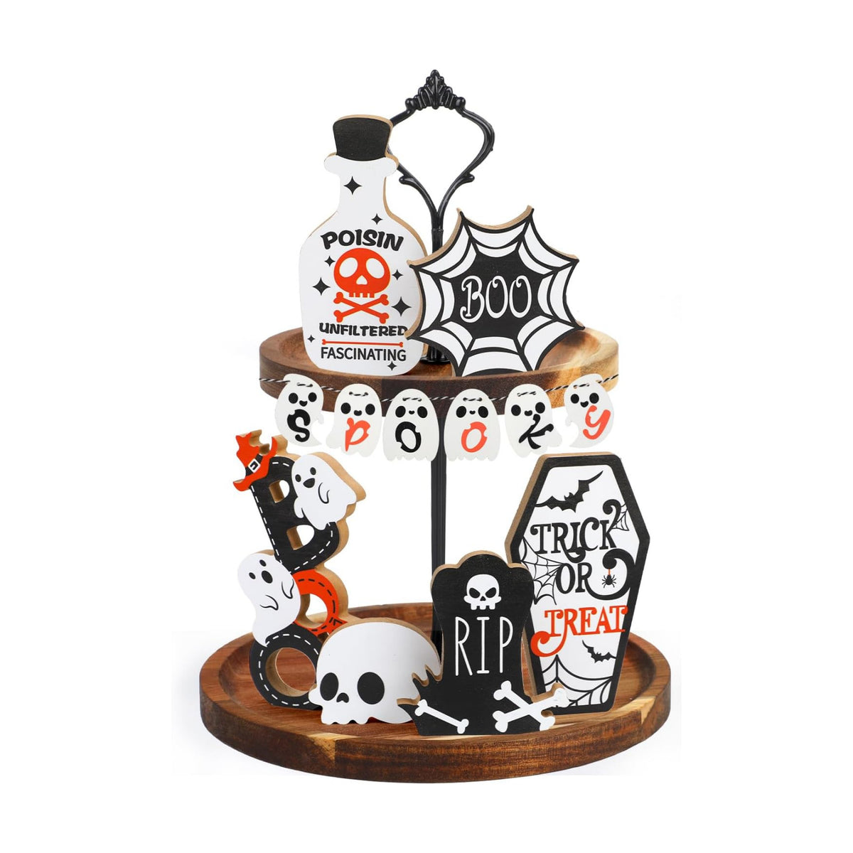 SULOLI Halloween Tiered Tray Decoration, 12 Pcs Halloween Wooden Signs Haunted House Party Farmhouse Rustic Tiered Tray Decor for Home Table Houseroom